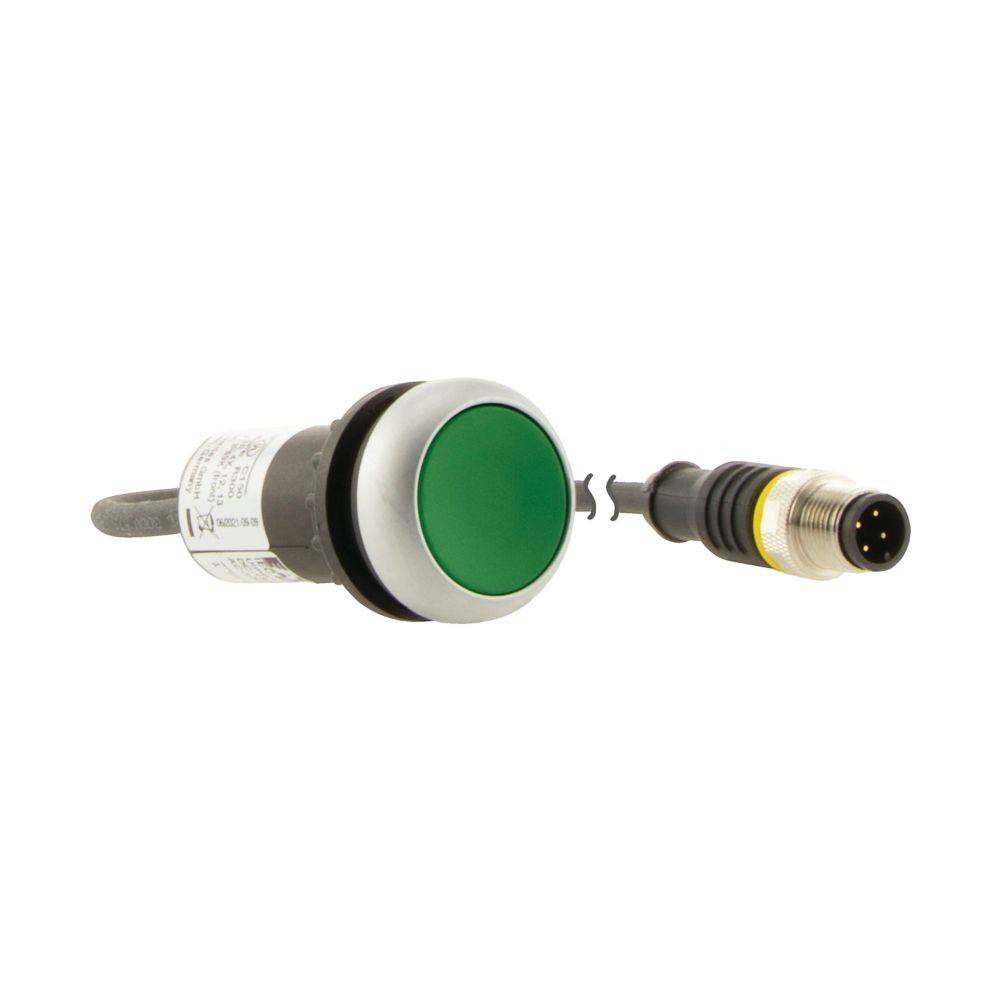Ein grüner Drucktaster mit angeschlossenem Kabel und einem separaten 4-poligen Stecker, der zur Datenübertragung in industriellen Umgebungen verwendet wird.