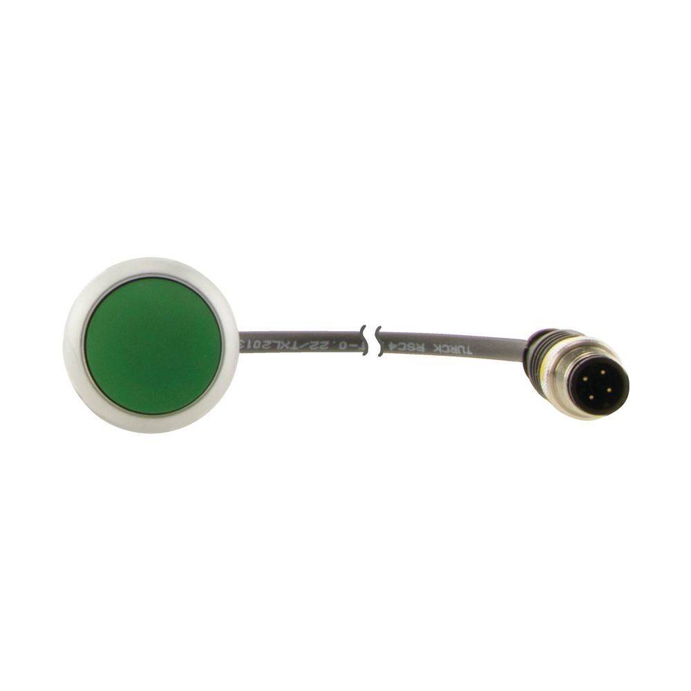 Ein grüner runder Druckknopf mit einem angeschlossenen schwarzen Kabel und Stecker.