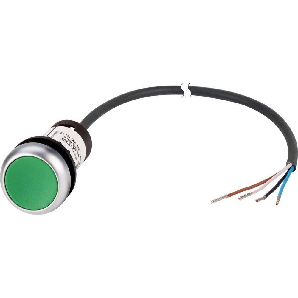 Ein grüner Drucktaster mit drei verbundenen Drähten, verwendet für elektrische Schaltkreise oder Maschinensteuerung.