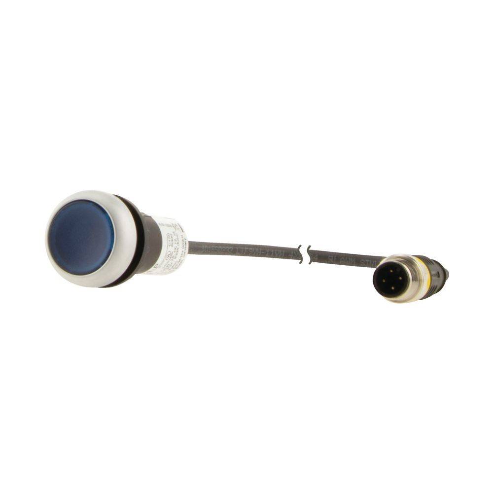 Ein metallischer Drucktastenschalter mit schwarzem Gehäuse und blauem Zentrum, angeschlossen an ein Kabel, das in einen Vier-Pin-Steckverbinder mündet.