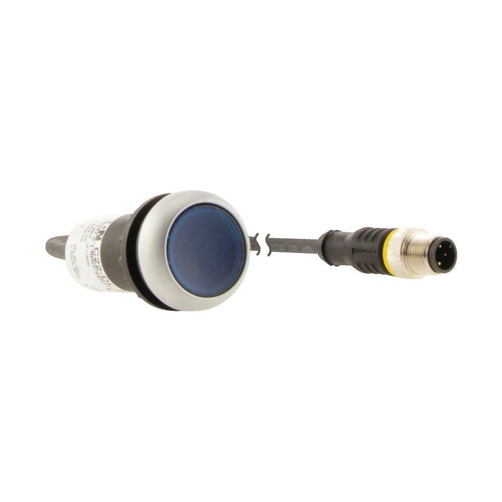 Ein runder blauer Drucktastenschalter mit angeschlossenem Kabel und Anschluss, entwickelt für elektronische Geräte oder Maschinensteuerung.
