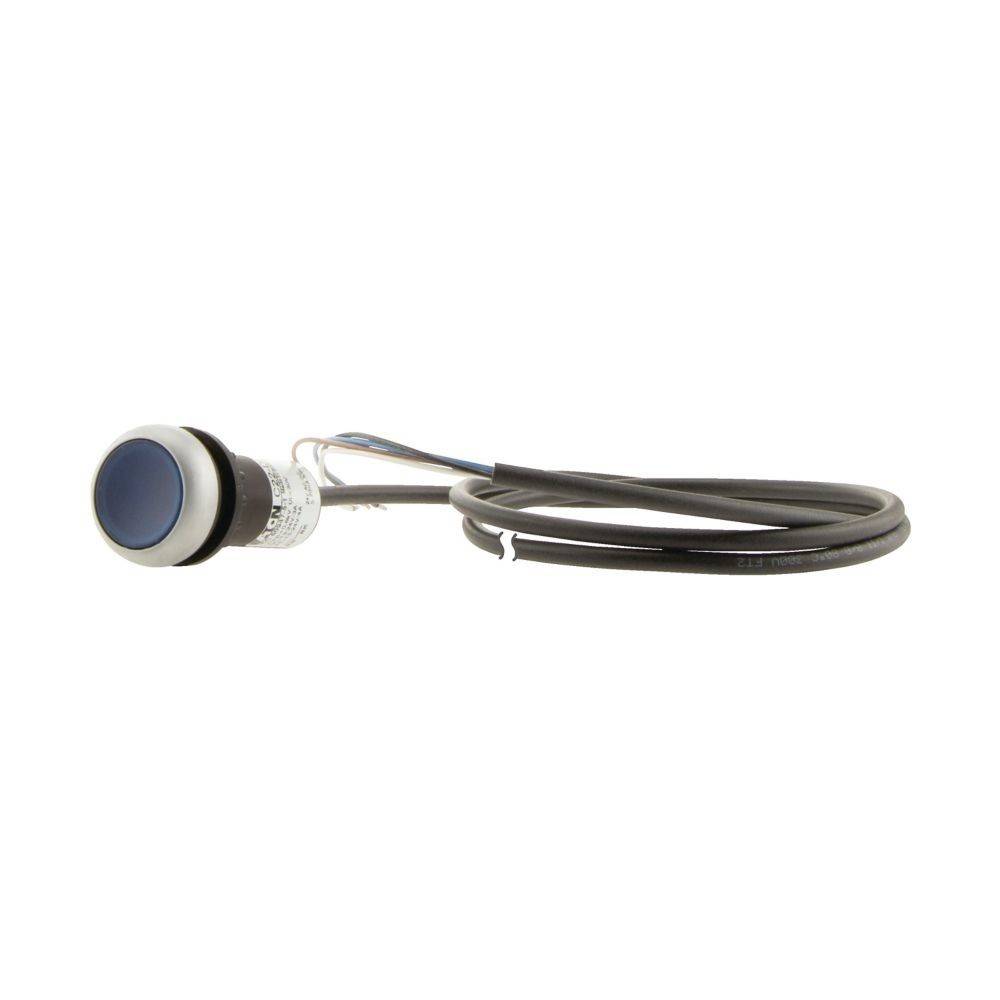 Ein industriell gestalteter schwarzer Knopf mit einem weißen Ring, an ein Kabel angeschlossen. Es scheint sich um eine Schalter- oder Steuerungskomponente zu handeln.