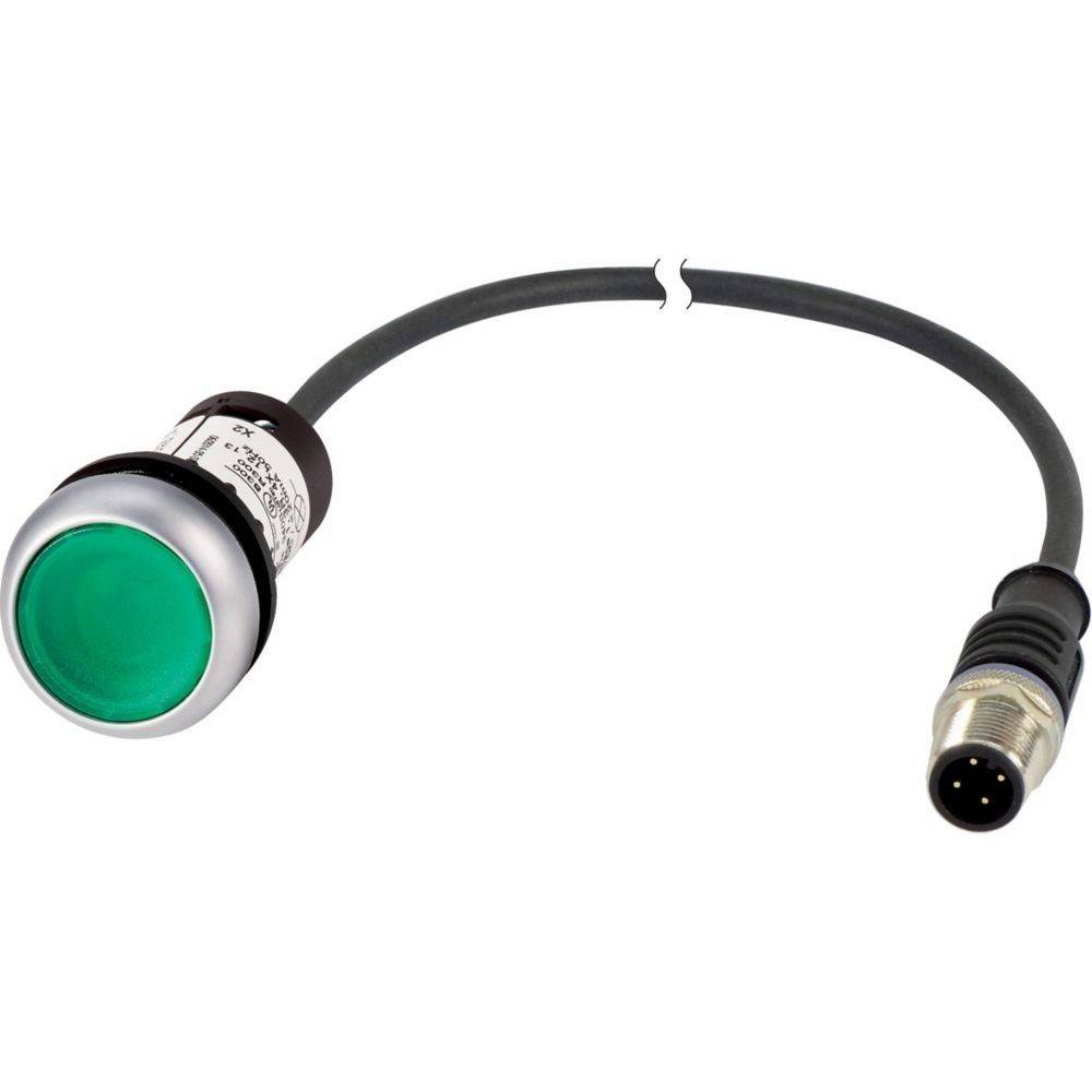 Ein grüner kreisförmiger Drucktaster mit angeschlossenem Anschlusskabel, der typischerweise in industriellen oder elektronischen Anwendungen eingesetzt wird.