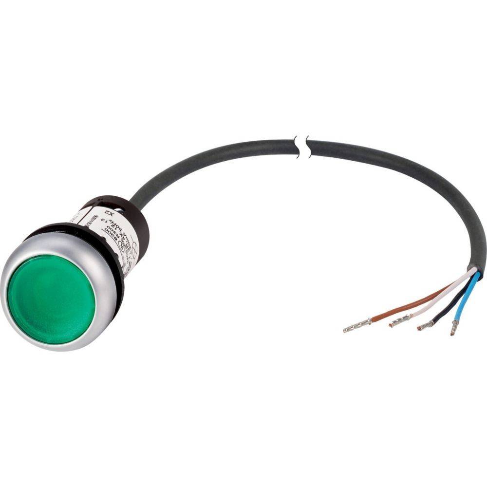 Grüner Drucktaster mit angeschlossenen Kabeln, verwendet für elektronische Kontrollpanels.