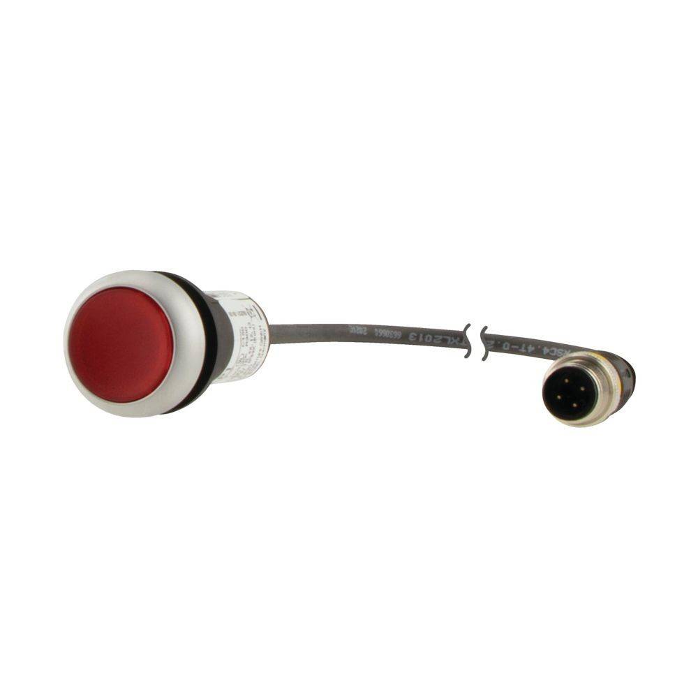 Ein roter Notaus-Taster mit angeschlossenem Kabel und Stecker, verwendet für Sicherheitskontrollsysteme in industriellen Maschinenanlagen.