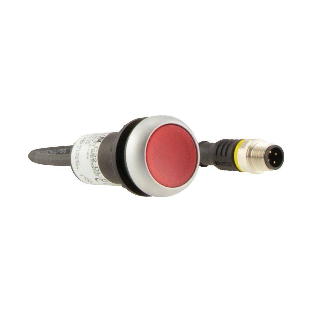 Ein zylindrischer Sensor mit einer roten Taste und einem schwarzen Kabel, das in einen Stecker mit gelber Umrandung endet, verwendet für industrielle Automatisierungsaufgaben.