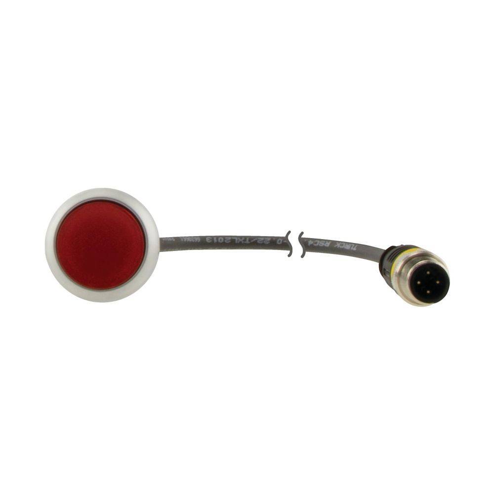 Ein roter Druckschalter mit Anschlusskabel und Metallstecker, geeignet für elektronische oder Schaltanwendungen.
