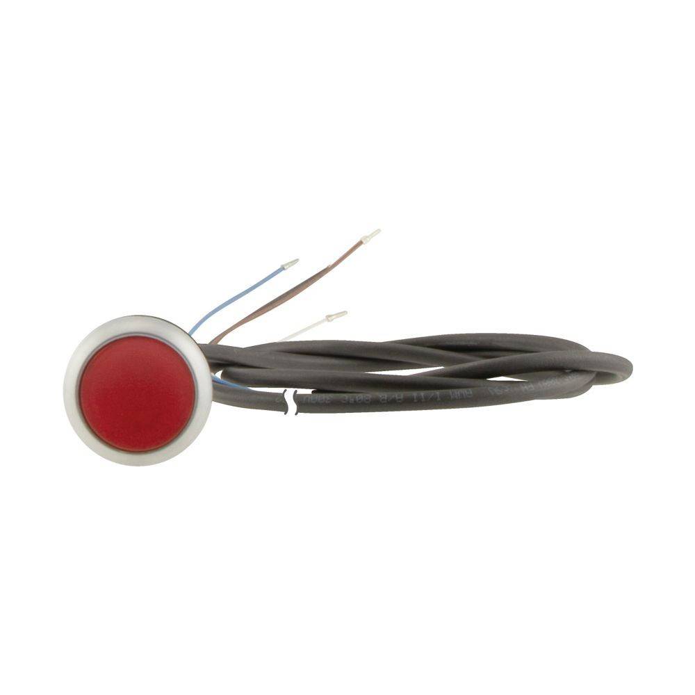 Ein roter kreisförmiger Knopf mit grauem Gehäuse ist an schwarze Kabel angeschlossen.