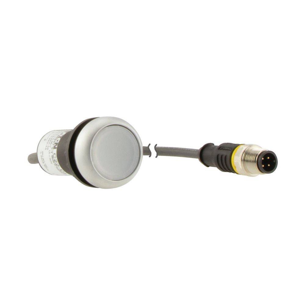 Ein Nahaufnahme eines runden elektronischen Sensors mit angeschlossenem Kabel und einem Vier-Pin-Stecker am anderen Ende.