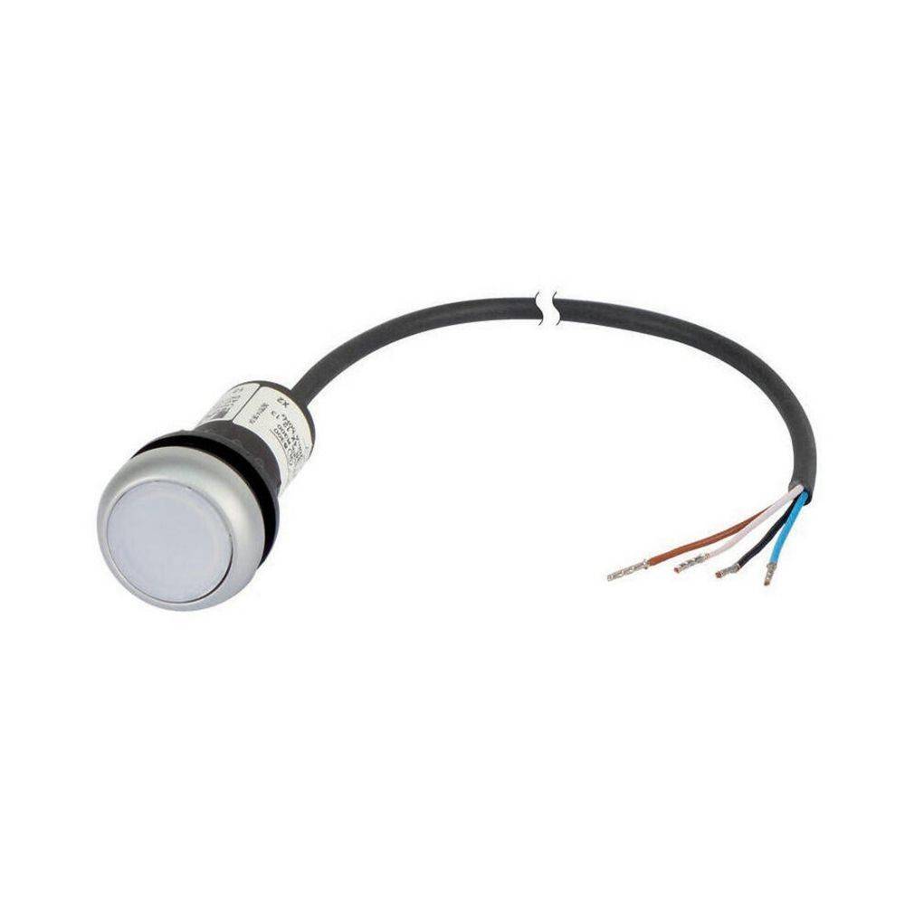 Ein runder silberner Sensor mit einem schwarzen Gehäuse, angeschlossen an ein schwarzes Kabel mit freiliegenden roten, blauen und braunen Drähten am Ende.