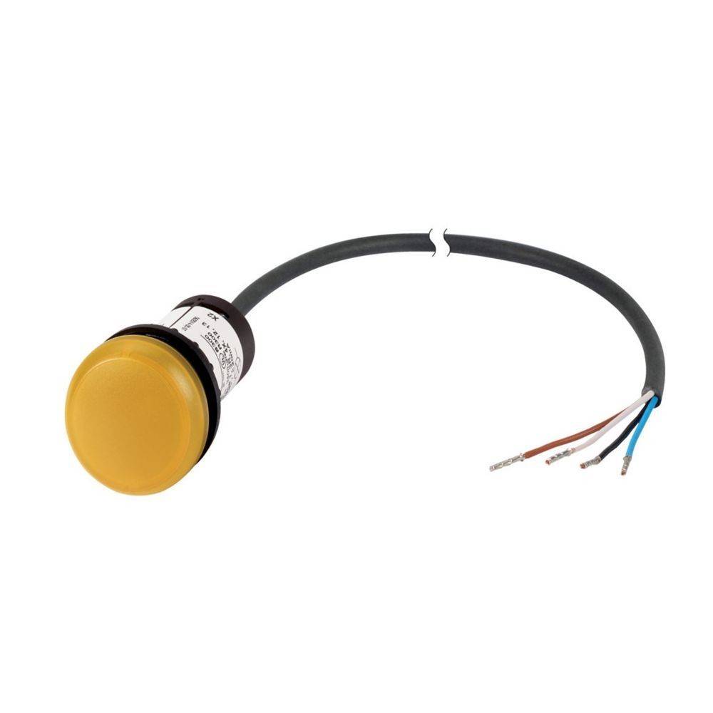 Ein gelber Notausschalter mit schwarzem Sockel, angeschlossen an ein Kabel mit drei freiliegenden Drähten: braun, blau und schwarz.
