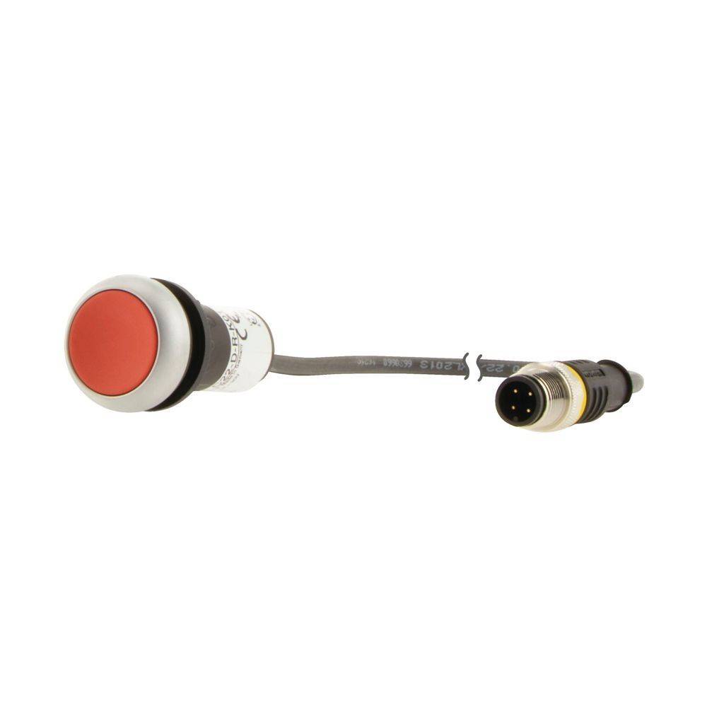 Ein roter Drucktaster mit einem schwarzen Ring, angeschlossen an ein Kabel mit einem runden Stecker am anderen Ende, üblicherweise in Maschinen verwendet.