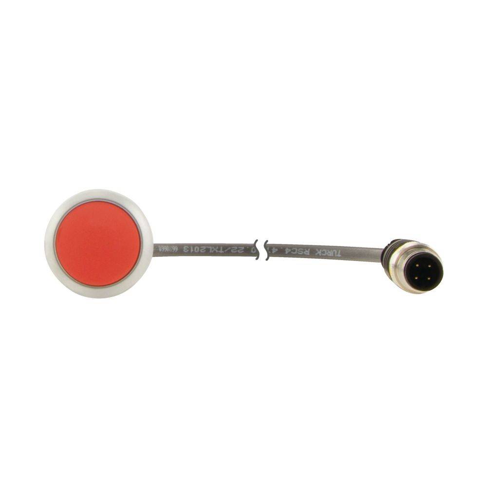 Roter Drucktaster mit angeschlossenem Kabel und Stecker, verwendet für Gerätesteuerung oder Notaus-Funktionen.