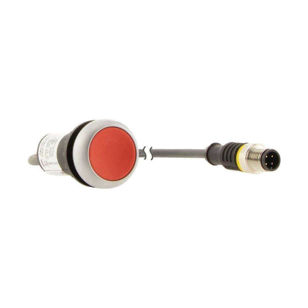 Ein roter Drucktaster mit einem angeschlossenen spiralförmigen Kabel, das in einem Mehrpolstecker endet, verwendet zur Steuerung von industrieller Maschinerie.