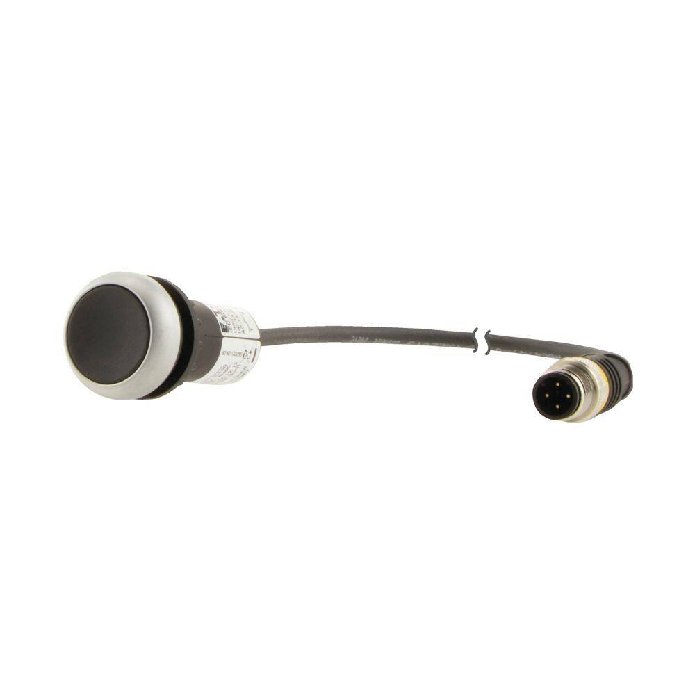 Ein schwarzer runder Sensor mit einem Kabel, das zu einem Stecker führt.