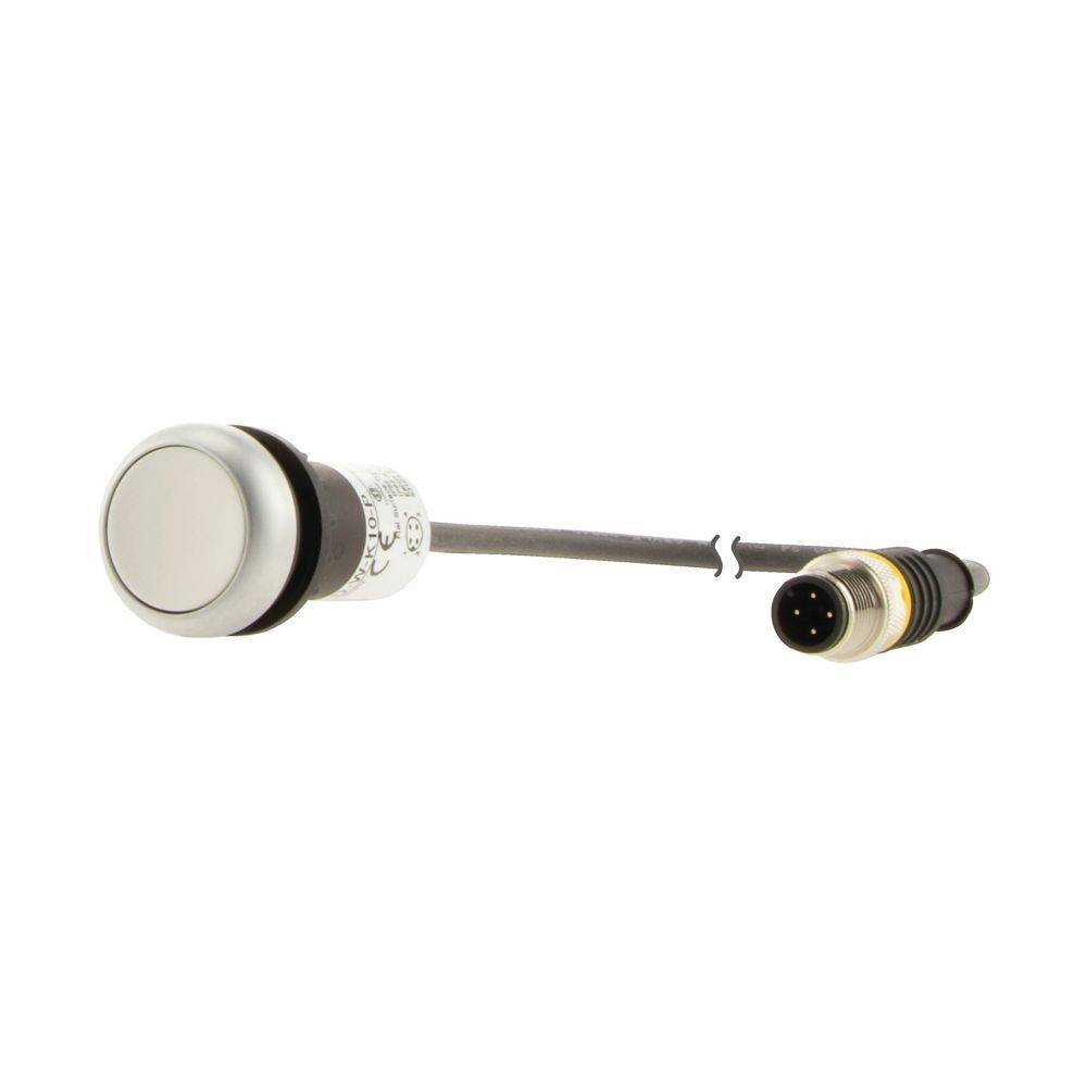 Ein rundes, silbernes Sensor mit einer schwarzen Basis, das an ein Kabel mit einem mehrpoligen Stecker angeschlossen ist und für elektronische Anwendungen verwendet wird.