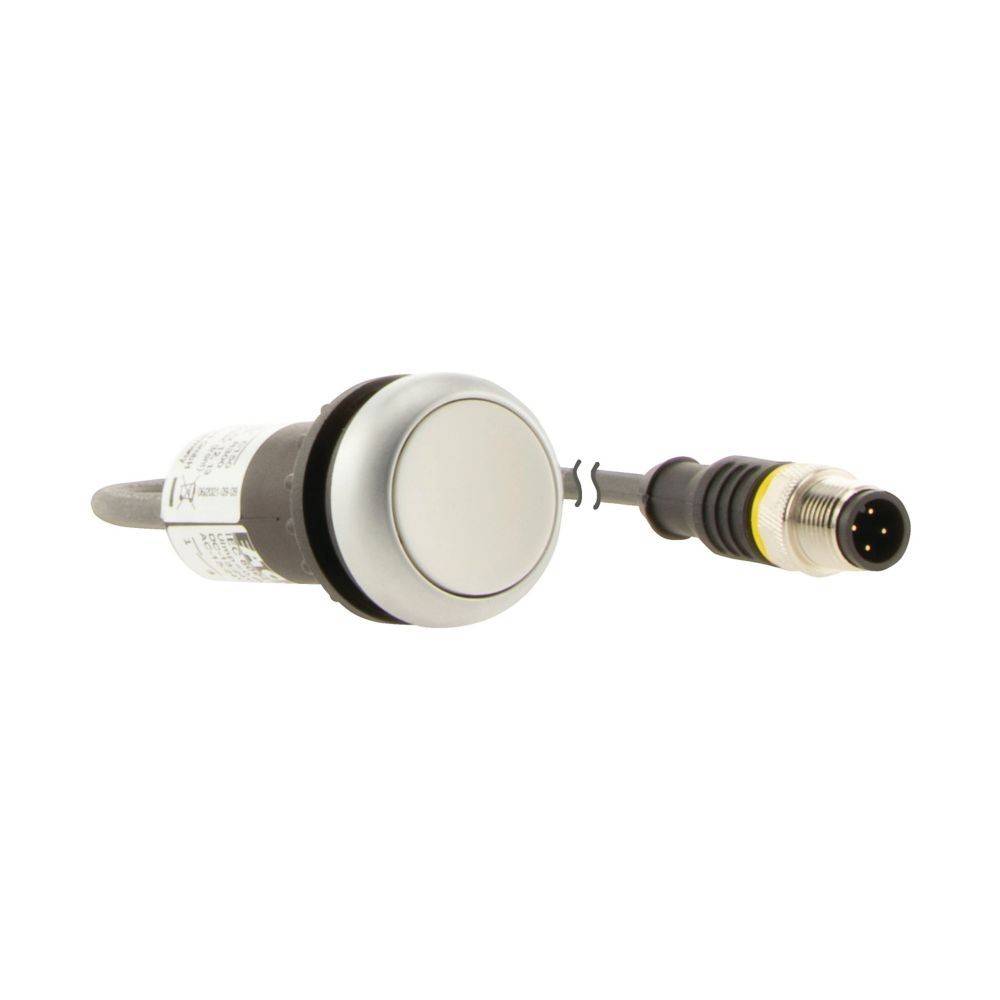 Ein zylindrisches elektronisches Gerät mit einem runden Frontpanel und angeschlossenem Kabel, das in einen Vier-Pin-Stecker endet, möglicherweise ein Sensor oder Knopf.