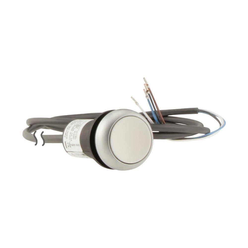 Ein runder elektrischer Druckknopf mit angeschlossenen schwarzen, blauen und braunen Kabeln.