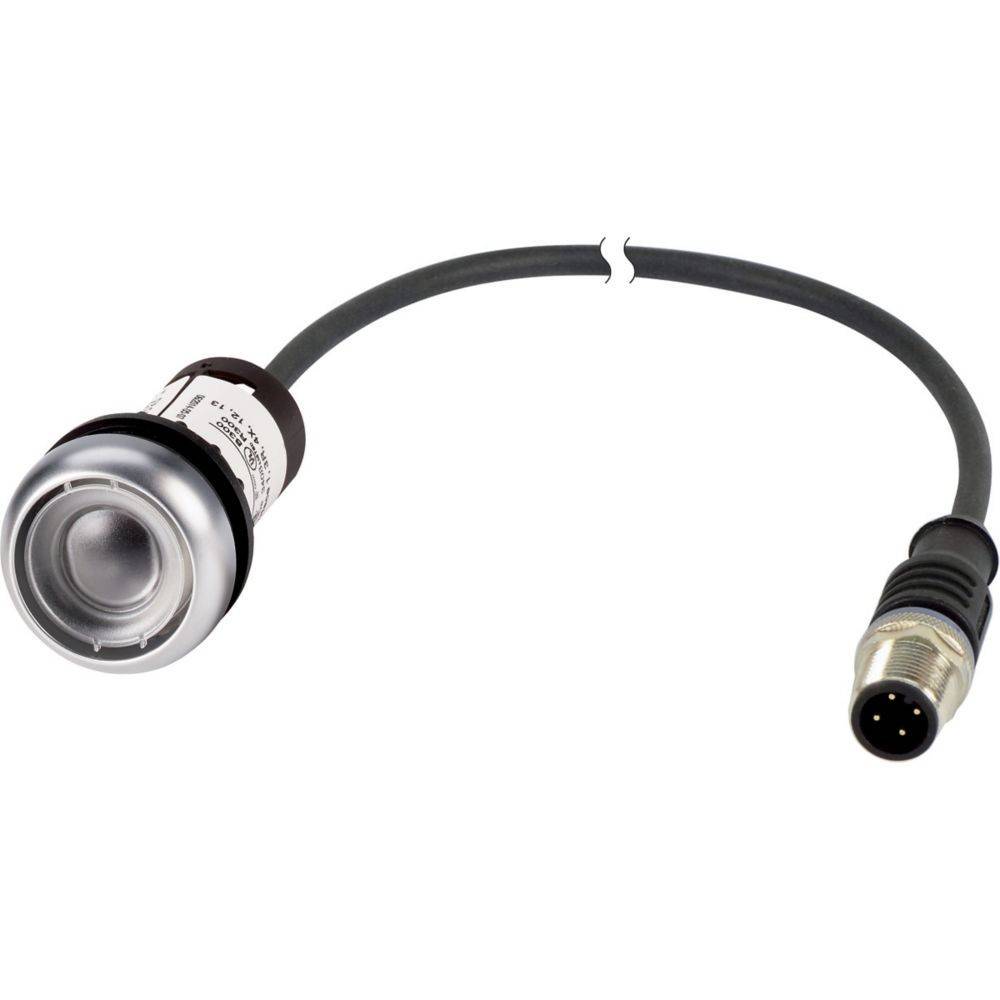 Ein Drucktaster mit silberner Metalloberfläche ist mit einem Kabel mit schwarzer Schutzummantelung verbunden, das in einem kreisförmigen Stecker endet.