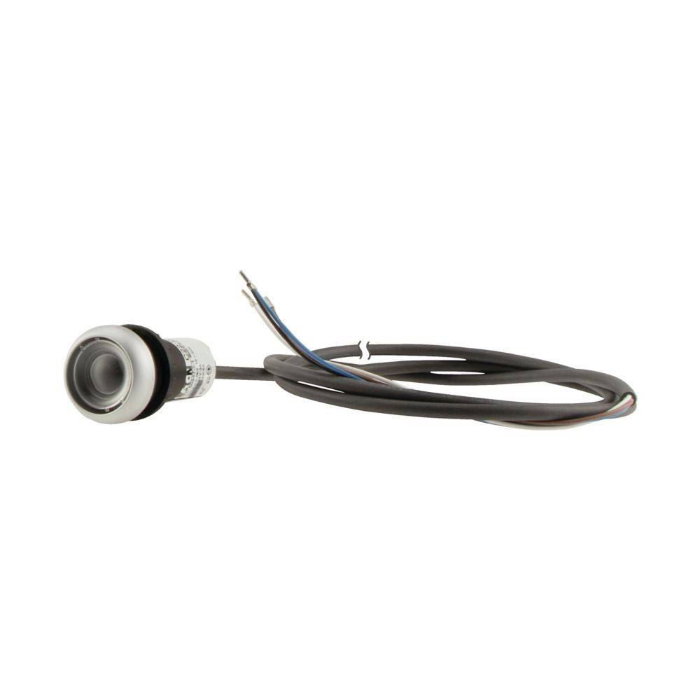 Ein Metallsensor mit angeschlossenen Kabeln, der verwendet wird, um Veränderungen in seiner Umgebung zu erkennen, auf einem schlichten weißen Hintergrund.