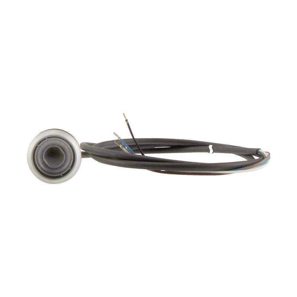 Ein Sensor mit einem kreisförmigen, grauen Gehäuse ist an einem langen schwarzen Kabel mit freiliegenden Leitungen am Ende befestigt.