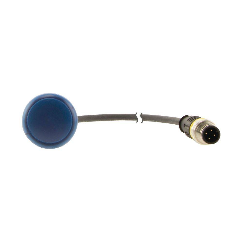 Ein blauer runder Sensor mit einem Kabel und einem Steckverbinder am Ende, geeignet für industrielle oder technische Anwendungen.