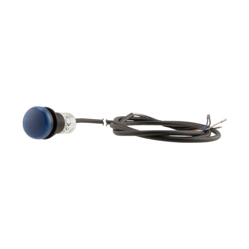 Ein blauer Druckknopf, der mit schwarzen Kabeln verbunden ist und für elektronische Geräte oder Maschinen verwendet wird, vor einem weißen Hintergrund.