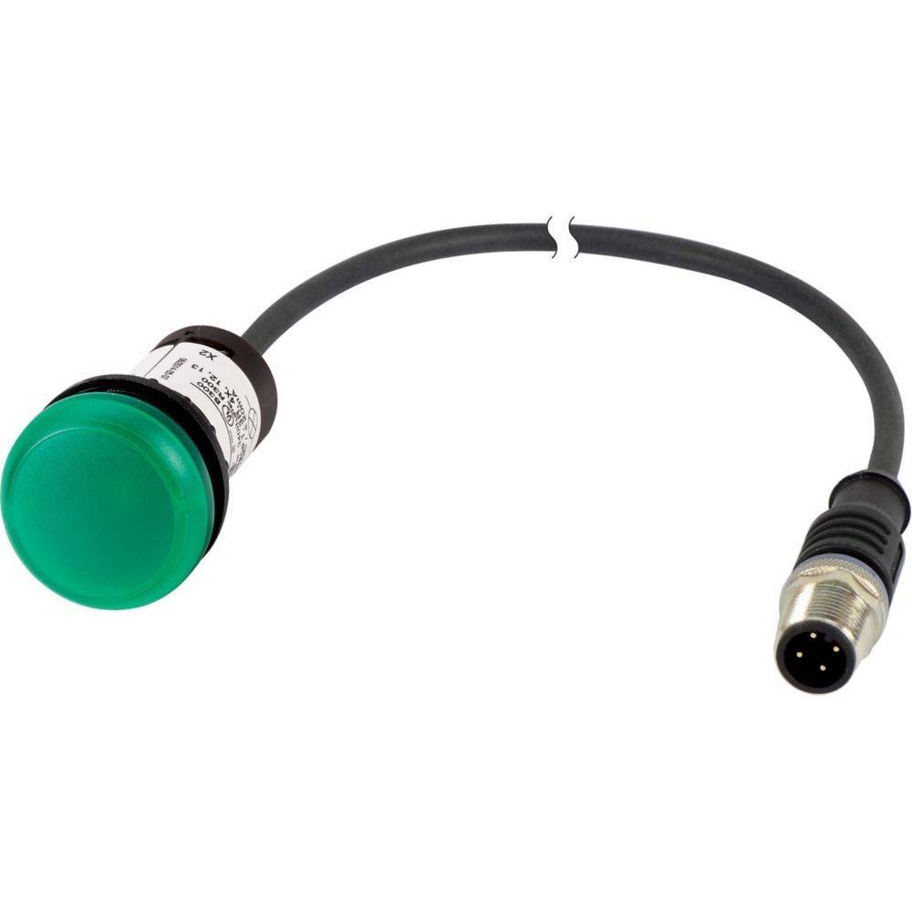 Ein grüner Drucktaster mit einem kurzen Kabel, das in einen kreisförmigen Stecker endet, für industrielle oder maschinelle Steuerungsanwendungen.