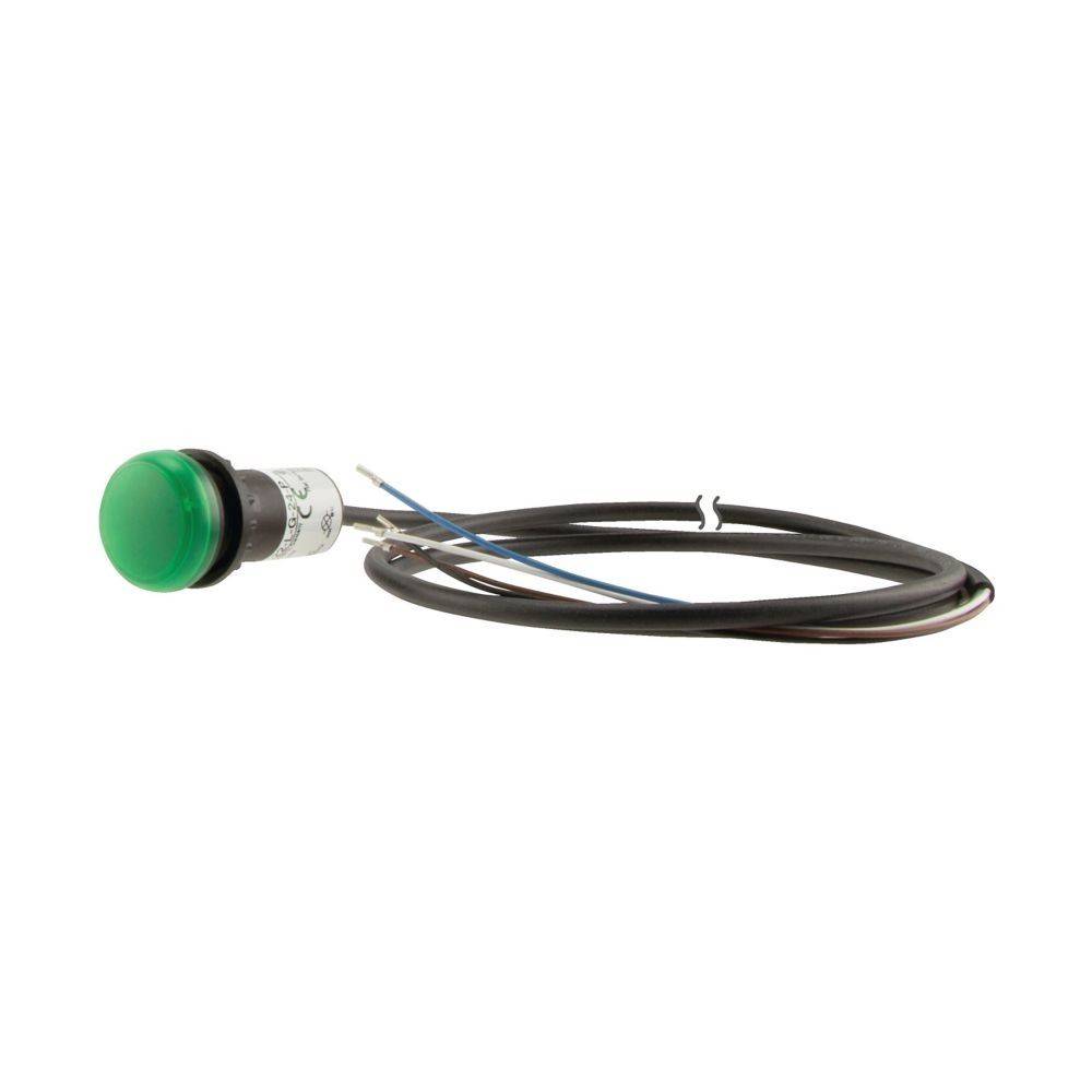 Ein grüner kreisförmiger Druckknopf mit angeschlossener schwarzer Verkabelung, verwendet für elektrische oder elektronische Anwendungen, auf einem weißen Hintergrund dargestellt.