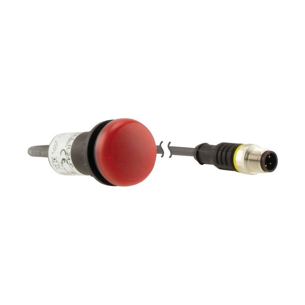 Roter Druckknopf mit Metallbasis neben einem schwarzen und silbernen elektrischen Anschluss vor einem schlichten weißen Hintergrund.