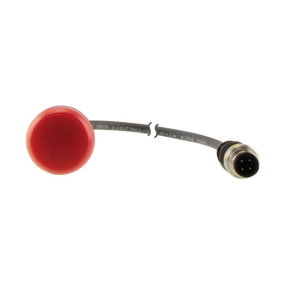 Ein roter Druckknopf, der mit einem kreisförmigen Stecker mit Kontaktstiften verbunden ist, wahrscheinlich Teil eines elektrischen Steuerungssystems.