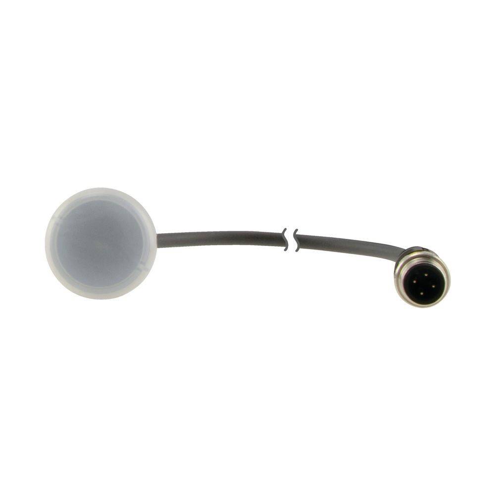 Ein runder grauer Sensor mit einem Kabel, das zu einem Metallstecker mit mehreren Pins führt, konzipiert für die Integration in elektronische Geräte.