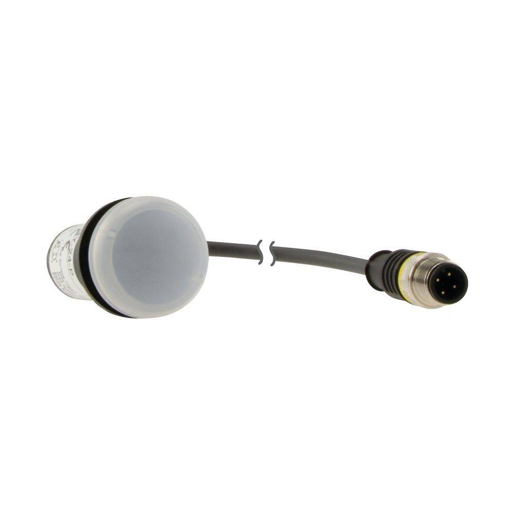 Ein runder Sensor mit Kabel und Anschluss, wahrscheinlich für industrielle oder elektronische Zwecke verwendet, vor einem weißen Hintergrund isoliert.