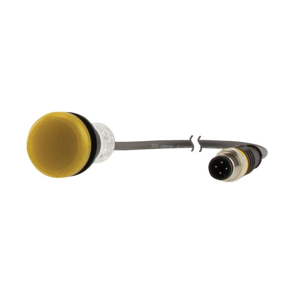 Ein zylindrischer Druckschalter mit einer gelben Kappe, der an ein Kabel mit einem Rundsteckverbinder am anderen Ende angeschlossen ist.