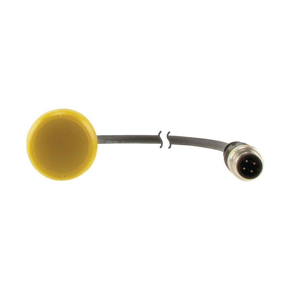 Ein Sensor mit einer gelben Kappe und einem Anschlusskabel mit einem Rundsteckverbinder am Ende, der zur Überwachung oder Datenerfassung verwendet wird.