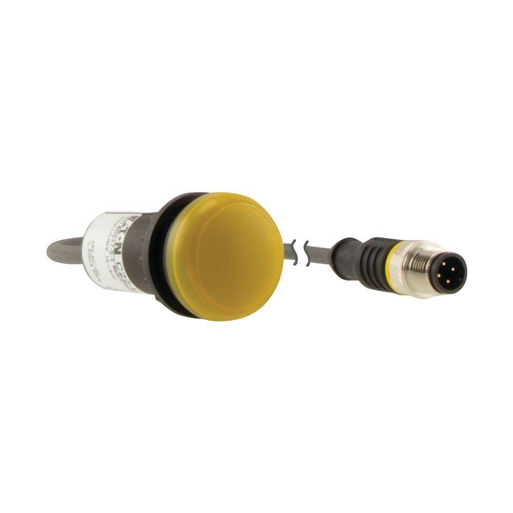 Gelber Drucktaster und schwarzer Steckverbinder. Der Schalter hat einen runden gelben Kopf, während der Stecker eine Metalltip und ein schwarzes Gehäuse aufweist.