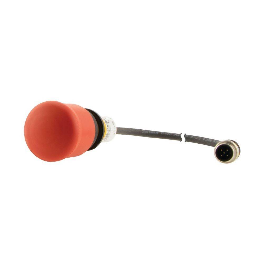 Ein kleines, rotes Sensorgerät mit einem schwarzen Kabel und einem kreisförmigen Steckverbinder am Ende, entwickelt für elektronische oder Sensoranwendungen.