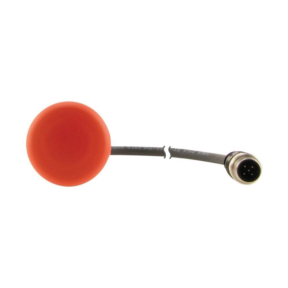 Ein orangefarbenes kreisförmiges Objekt, das mit einem gebrochenen grauen Kabel verbunden ist, das in einem Metallstecker mit sichtbaren Pins endet.