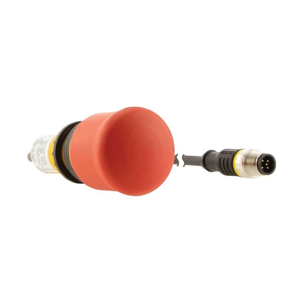 Ein roter Notstop-Knopf mit einem angeschlossenen schwarzen Kabel, das in einen Vier-Pin-Stecker endet und zur Sicherheit an Maschinen oder Geräten verwendet wird.