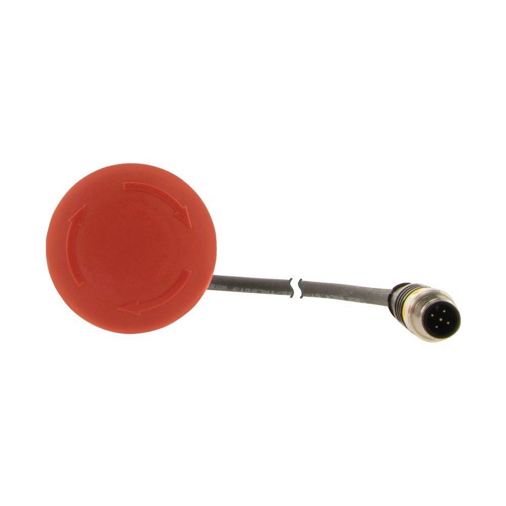 Ein roter, runder Knopf, der mit einem schwarzen und silbernen Kabel mit Stecker verbunden ist, vor einem weißen Hintergrund, der in elektronischen Aufbauten verwendet wird.