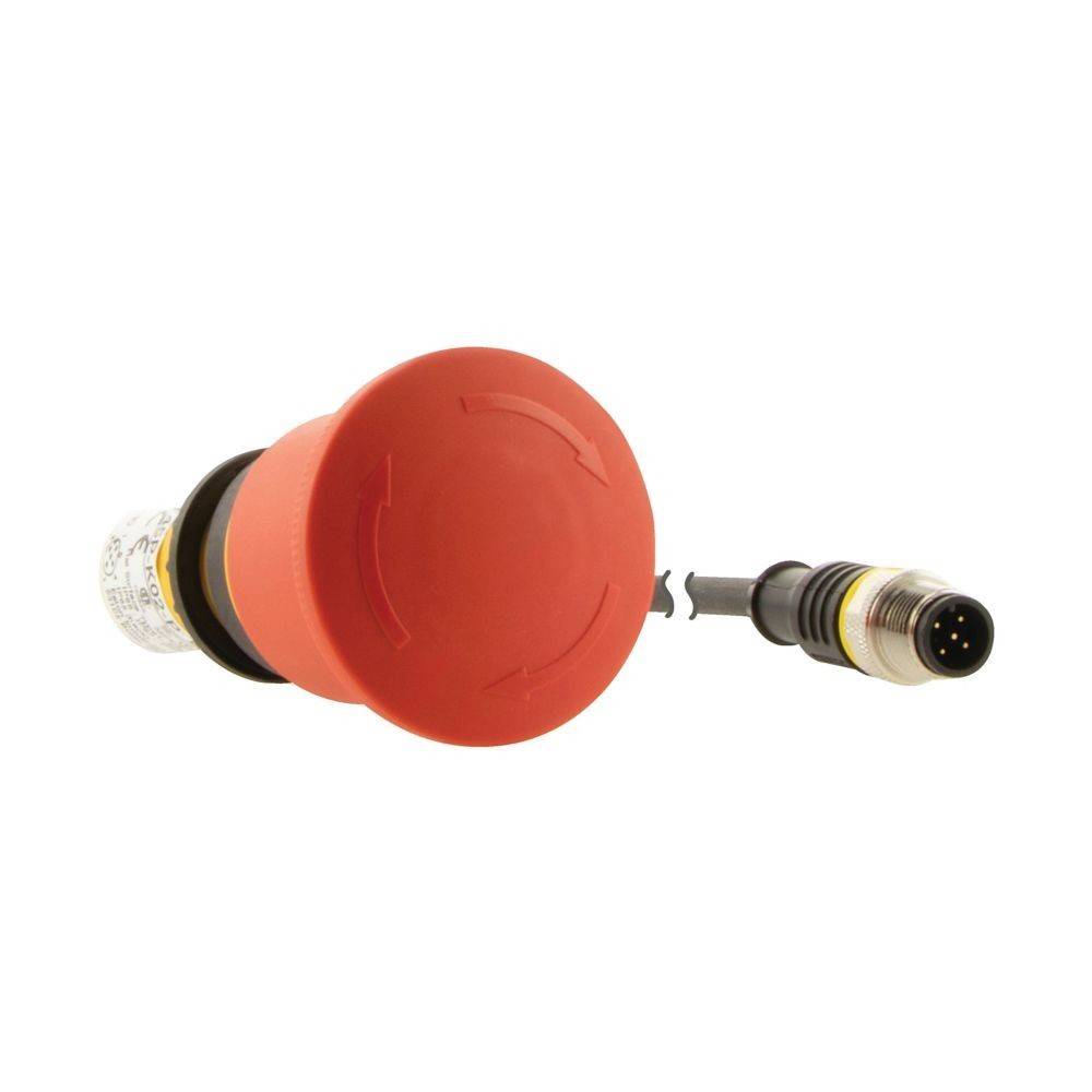 Ein großer roter Notaus-Schalter mit schwarzem Sockel und einem angeschlossenen schwarz-gelben Kabel mit einem Stecker am Ende.