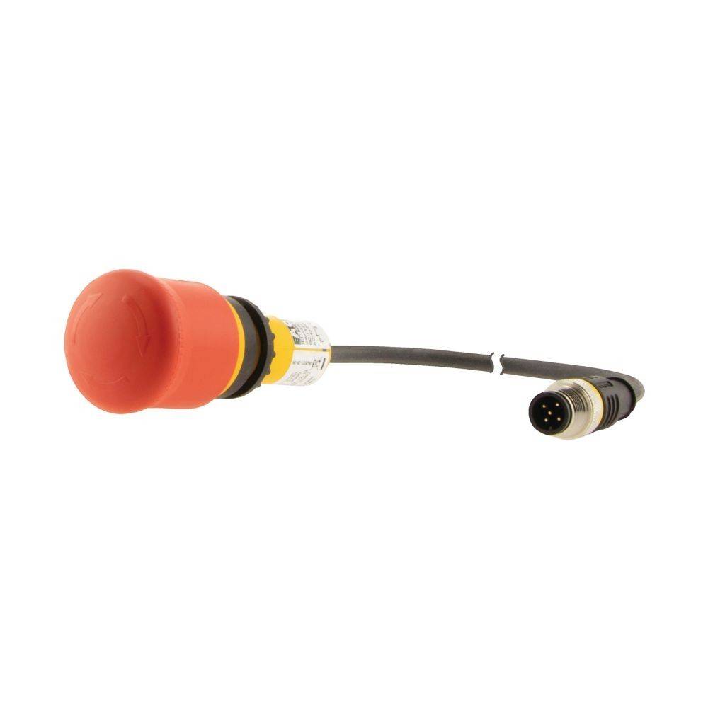 Ein großer roter Notaus-Taster, der mit einem schwarzen Kabel mit einem Mehrpolstecker am Ende verbunden ist und für die Maschinensicherheit verwendet wird.
