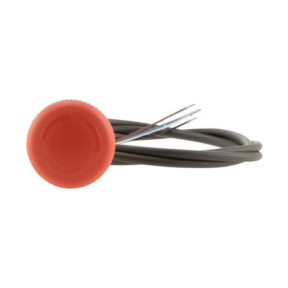 Ein roter Drucktaster mit drei grauen Kabeln, der häufig in elektronischen Geräten für Steuerungsfunktionen verwendet wird.