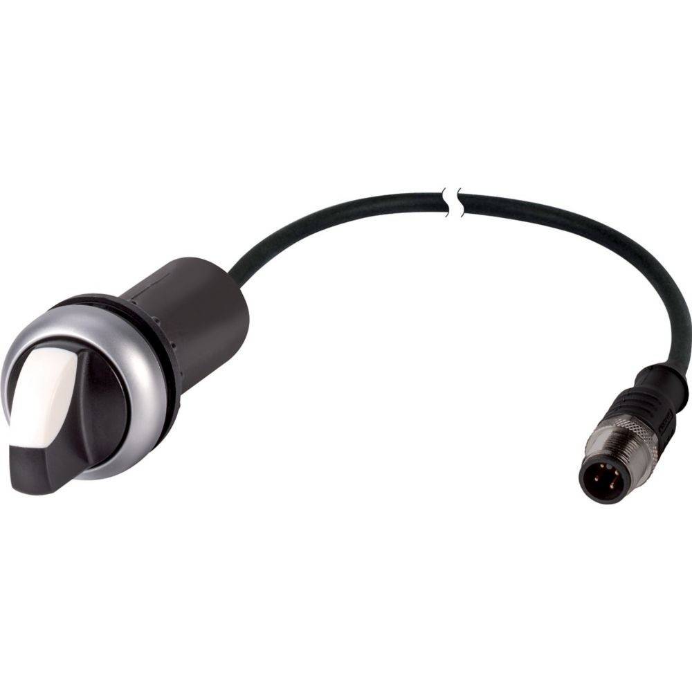 Ein schwarz-silberner Kabel mit einem Drehregler an einem Ende und einem Anschluss-Stecker am anderen Ende, der für elektronische Einstellungen verwendet wird.