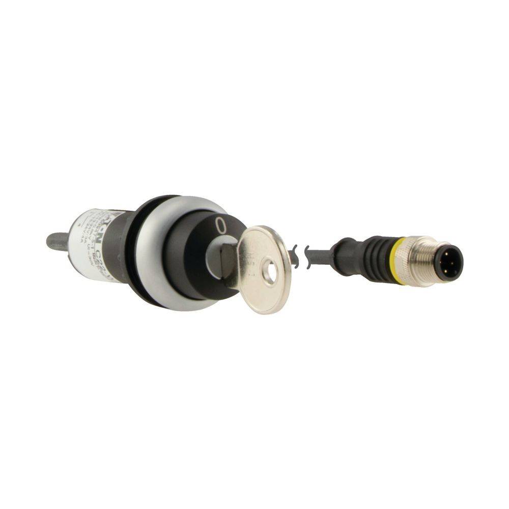 „Seitenansicht eines Drehgebers mit abgenommenem Anschluss, die die Pinbelegung und den Befestigungsmechanismus des Encoders veranschaulicht.