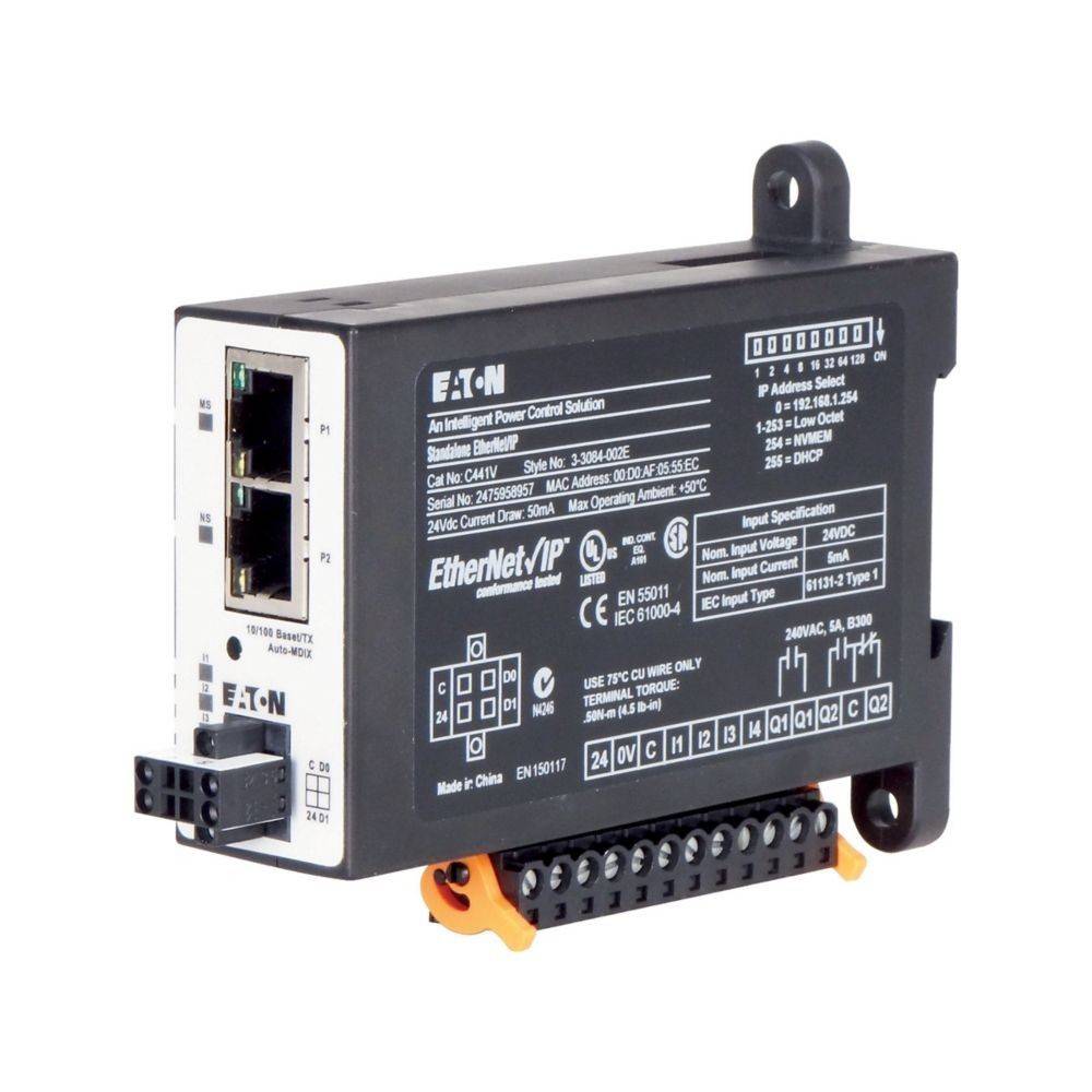Ethernet/IP-Netzwerkschalter mit Anschlüssen und Klemmblöcken, verwendet für industrielle Stromkontrolllösungen, von Eaton hergestellt.