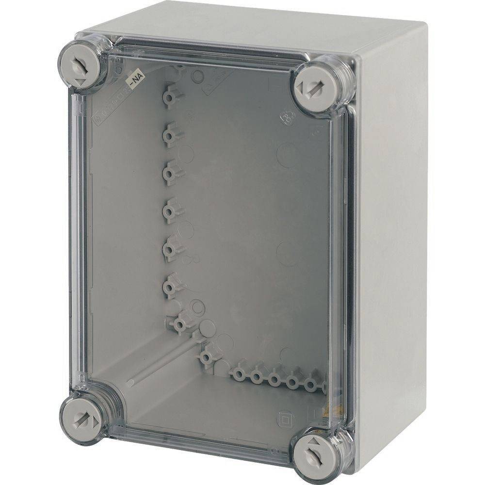 Eine graue Kunststoff-Elektro-Abzweigdose mit transparentem Deckel, die zur Schützung von Elektroverbindungen im Innen- und Außenbereich verwendet wird.
