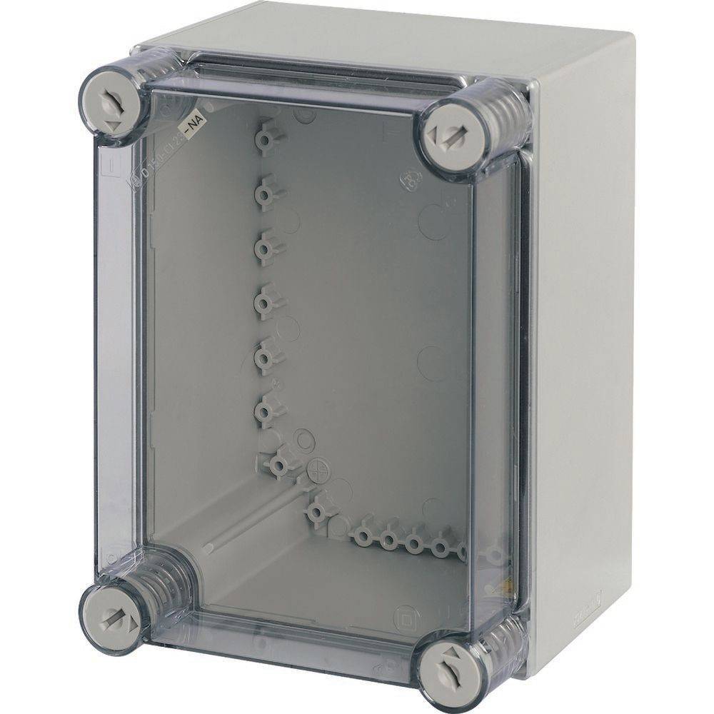 Eine Elektro-Verteilerdose mit transparenter Vorderseite und sichtbaren Schraubenbefestigungen an den Ecken, entwickelt zum Schutz und zur Organisierung elektrischer Verbindungen.