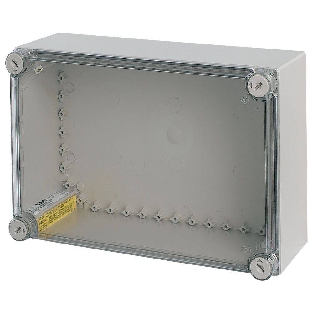 Rechteckige, transparente Elektro-Verteilerdose mit grauem Rand und Schraubenbefestigungen an den Ecken, entwickelt zum Schutz von Kabelverbindungen.