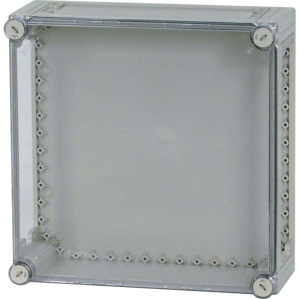Eine transparente Kunststoffgehäusebox mit durchsichtigem Deckel, an den Ecken verstärkt, entwickelt zum Schutz oder zur Unterbringung von elektrischen Komponenten.